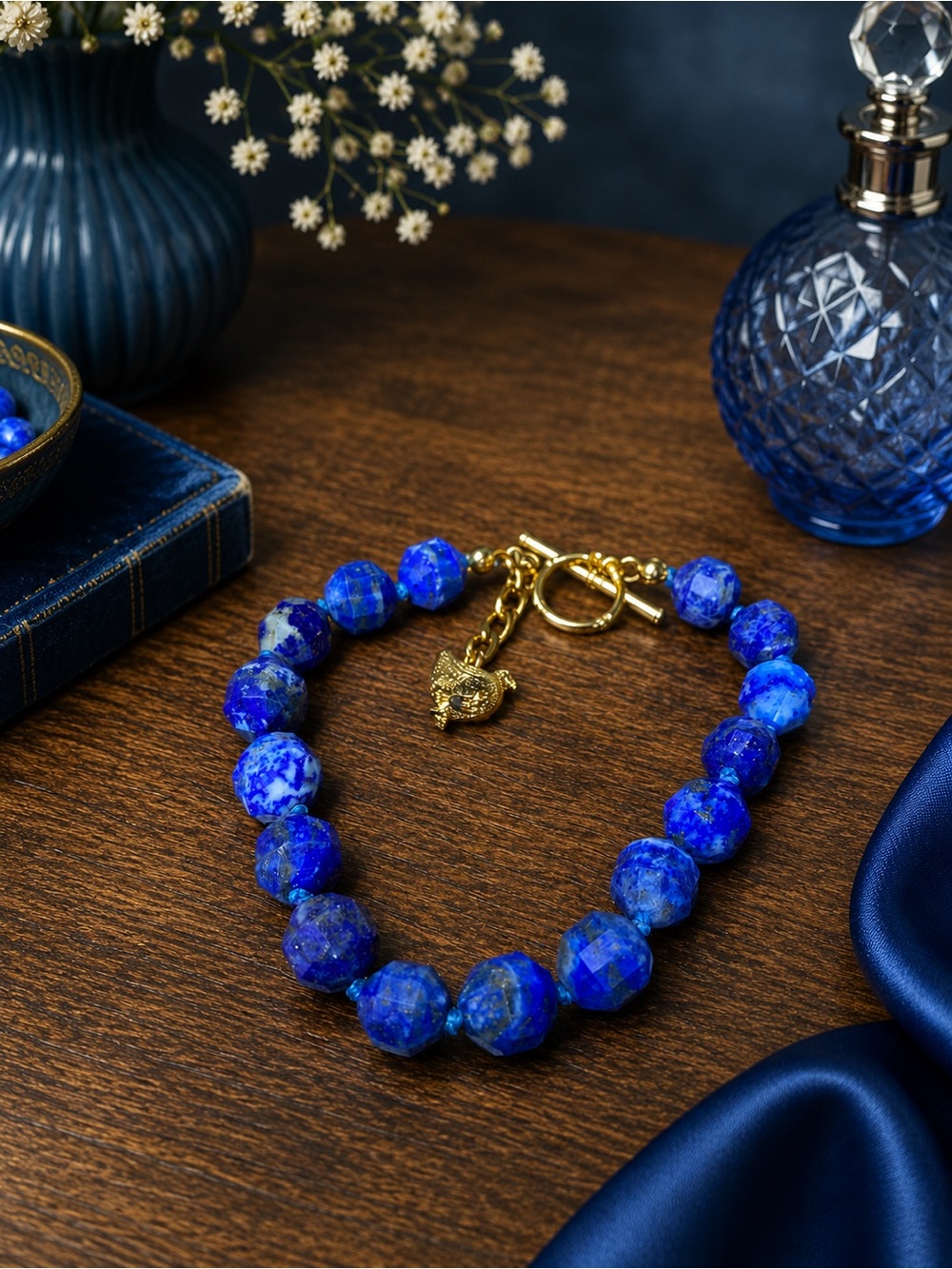 Lapis 10mm hand knotted Aprilsplace bracelet 7.25